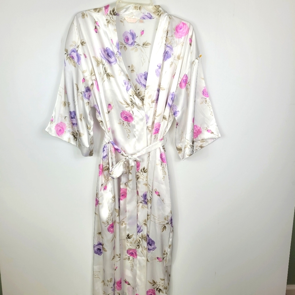 CERIE Vintage Satin Floral Maxi Robe Size S-M Kimino Sleeve Flowers Feminine